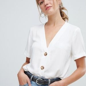 ASOS boxy top with contrast buttons, Ivory, Small